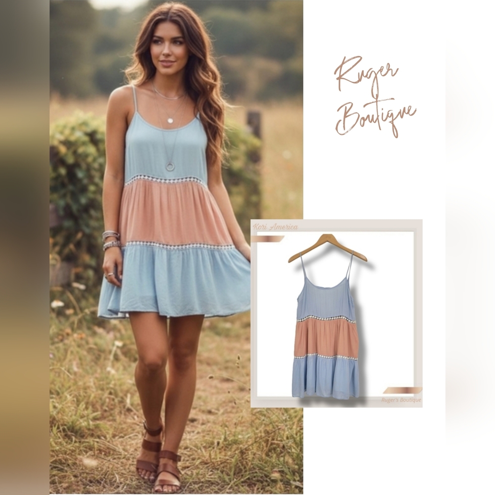 🌿Kori America Women's Small Blue and Peach Lined Spaghetti Strap Minidress